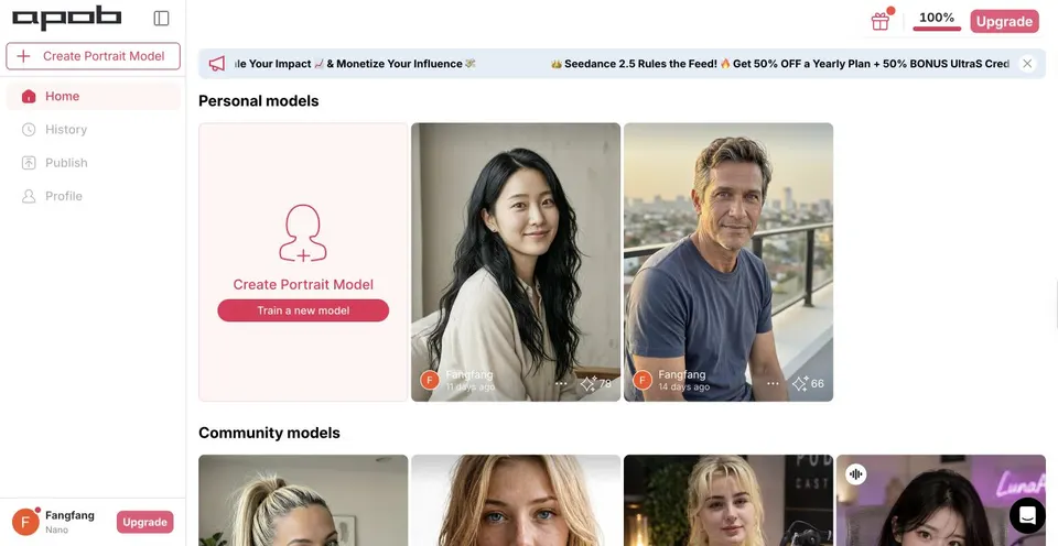 APOB AI Home page with personal models and the Create Portrait Model button