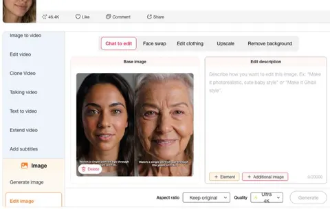 Editor de imagens da APOB AI mostrando um retrato em tela dividida com legenda branca antes da remoção de texto por IA