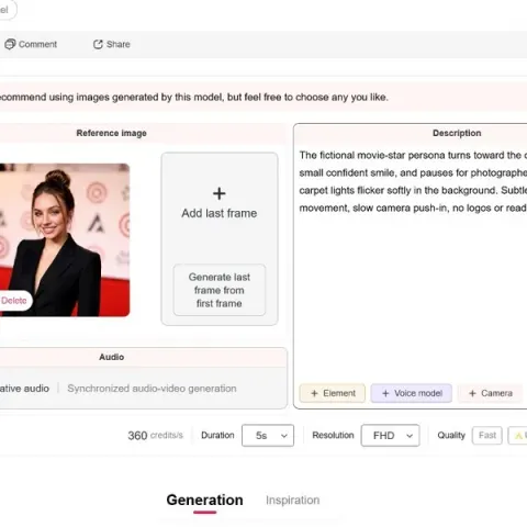 Bild-zu-Video-Workflow von APOB AI mit einem fiktiven Porträt im Promi-Stil auf dem roten Teppich