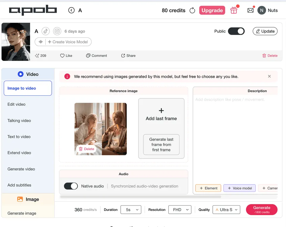 Gerador de vídeo de produto com IA mostrando um perfume transformado em cenas de anúncio lifestyle com modelo de IA.