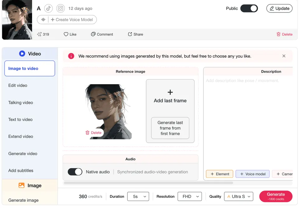 espace Image to Video APOB AI avec portrait de référence pour vidéo IA façon Wan