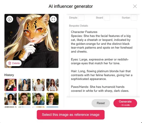 APOB AI influencer generator showing a fox character profile and character settings