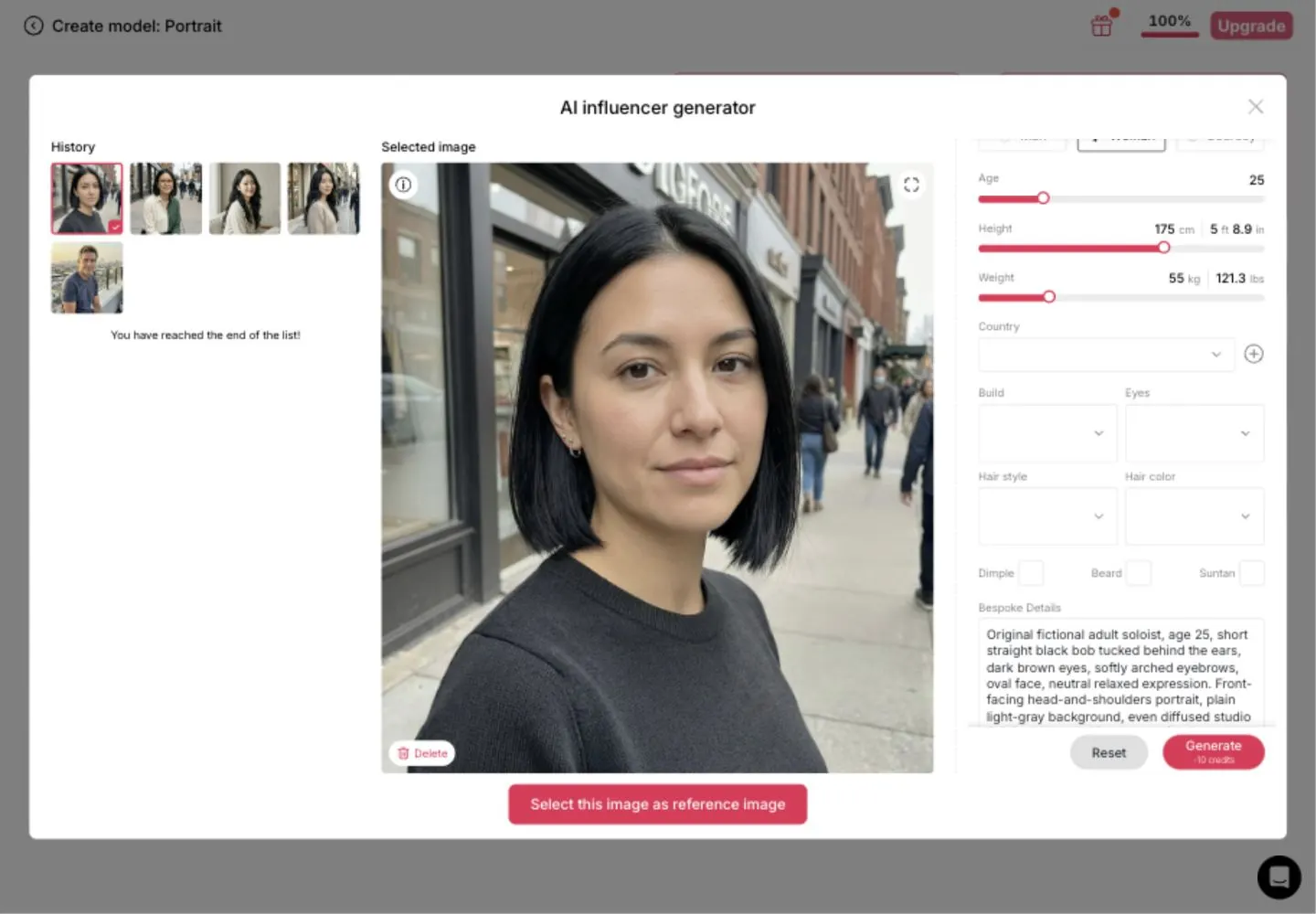 APOB AI influencer generator with the Sori adult reference selected and Bespoke Details visible.
