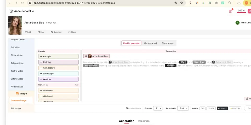APOB AI model page showing the fictional host Anna-Lena Blue selected for the tested YouTube outro.