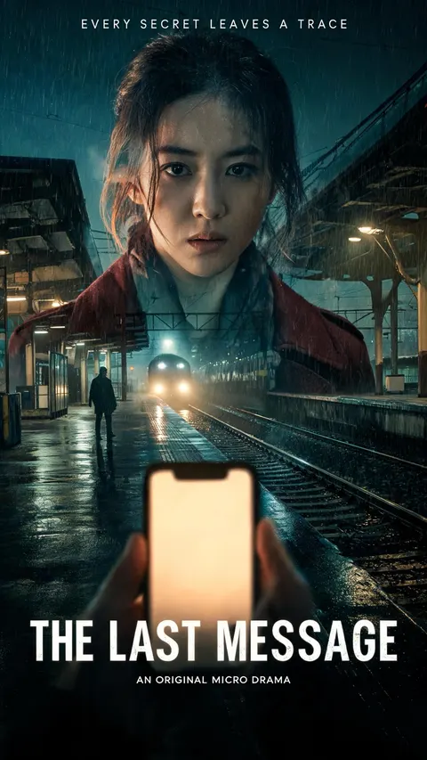 THE LAST MESSAGE AI movie poster with a journalist, glowing phone and a stranger on a rainy railway platform