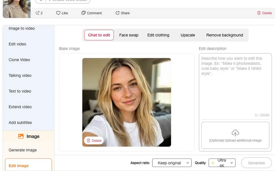Éditeur photo APOB AI avec un portrait importé comme image d’identité de base