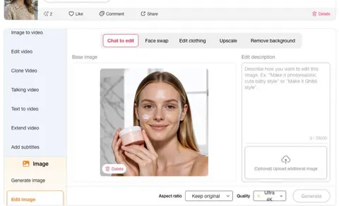 Editor de fotos da APOB AI com referência de pote de skincare enviada para fotografia de produto com IA