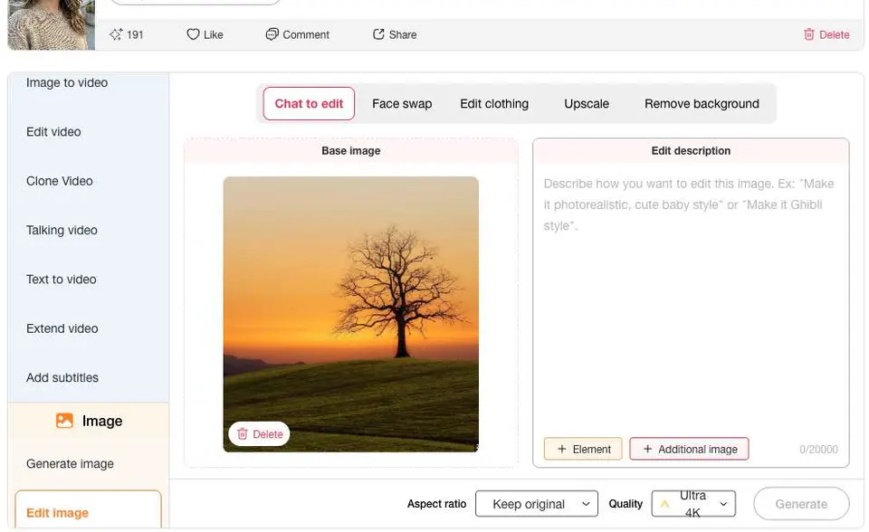 APOB AI Photo Editor with a sunset tree photo uploaded for object removal