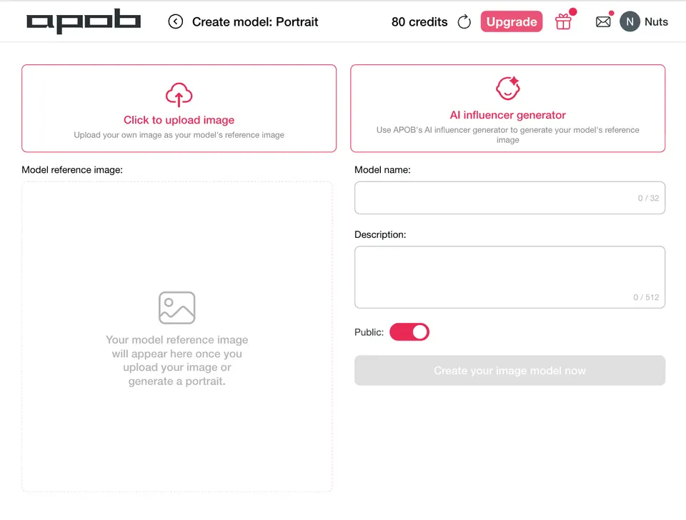 APOB AI model generation interface for custom ad characters.
