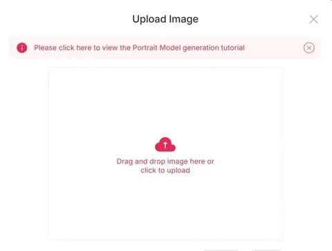 APOB AI portrait-model upload screen showing an image upload warning