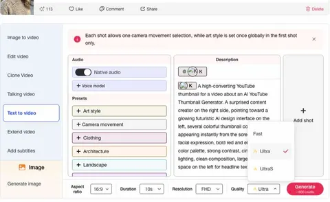 APOB menu de qualidade IA mostrando Ultra selecionado para um conceito de miniatura do YouTube