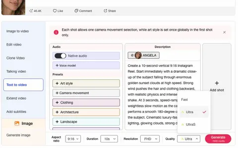 Menu de qualité du générateur de Reels Instagram APOB AI avec Ultra sélectionné avant la génération