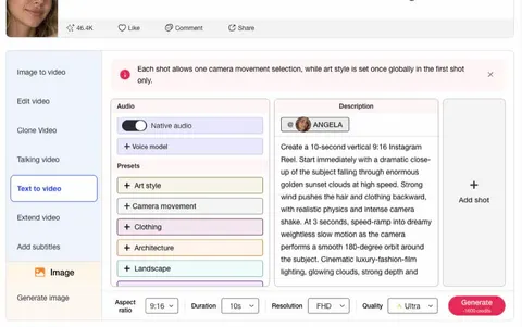Espace Texte vers vidéo d’APOB AI avec une instruction de Reel Instagram 9:16 de 10 secondes et les réglages de génération