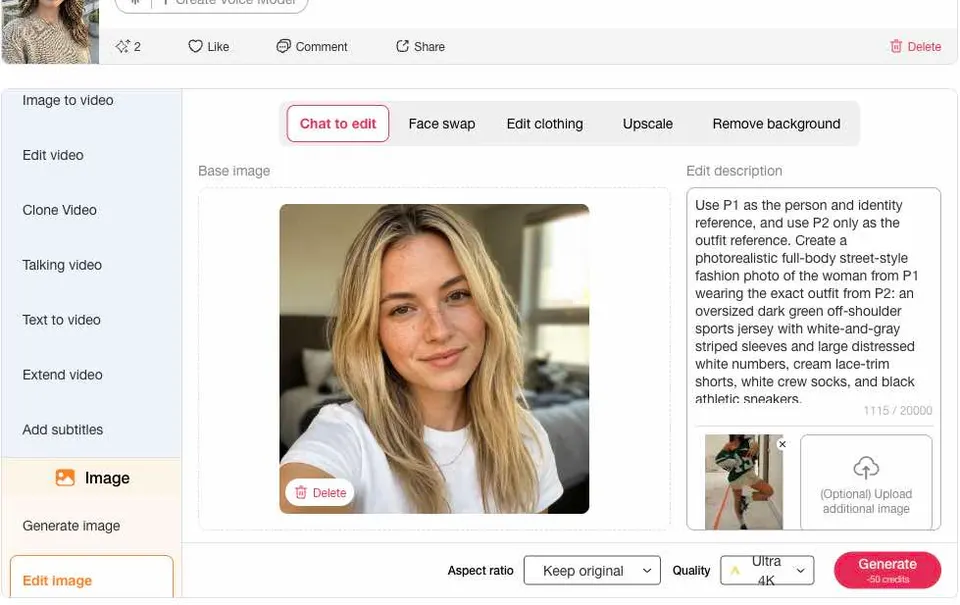 Prompt de retouche APOB AI guidé par un portrait et une image de tenue
