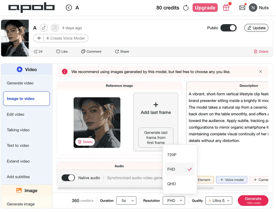 APOB AI resolution selection dashboard featuring the Kling 3.0 Motion Control engine.