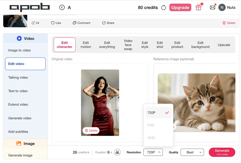 Menu de résolution APOB AI configurant les paramètres de sortie pour une boucle vidéo de chat qui danse IA.