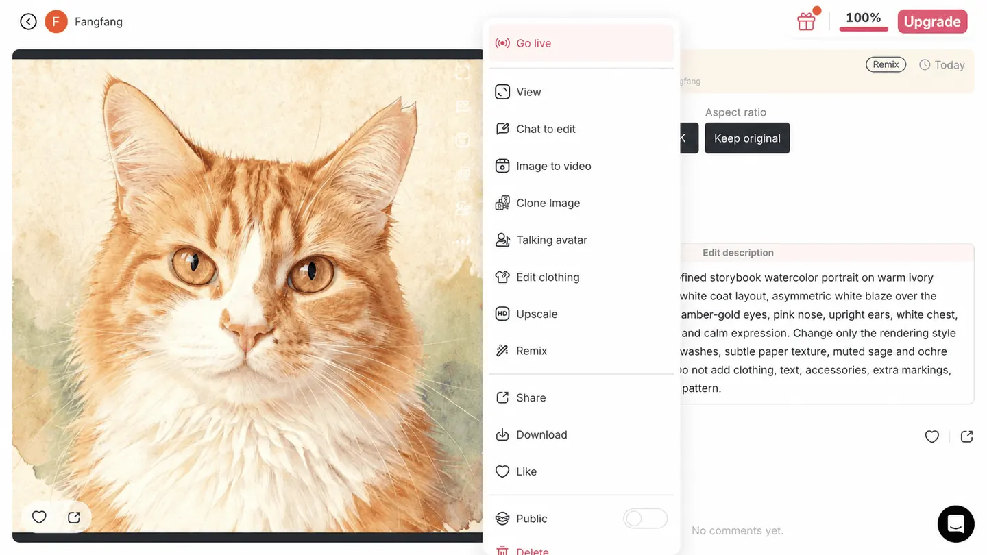 APOB AI detalhe do resultado More actions menu com Download visível para um retrato de animal de estimação concluído