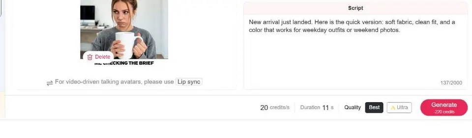 APOB AI script field with selected female voice model and estimated video duration.