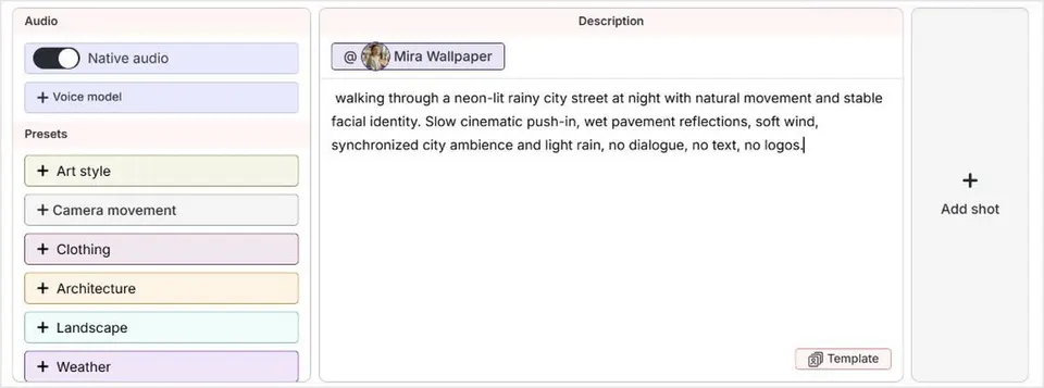 APOB AI Seedance 2.5 text-to-video interface showing Native Audio, prompt, and camera controls