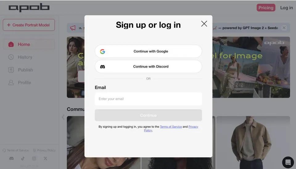 Tela de login do APOB AI antes de iniciar o fluxo do expansor de imagem com IA