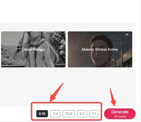 APOB AI style-selection interface with manga templates and a Generate button