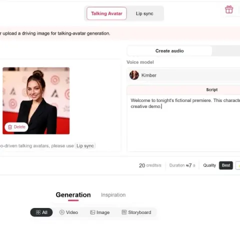 Talking-Avatar-Workflow von APOB AI mit integrierter Stimme und einem fiktiven Porträt im Promi-Stil