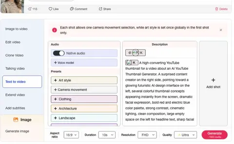 APOB AI Texto para Vídeo com um prompt de miniatura do YouTube e configurações de FHD 16:9