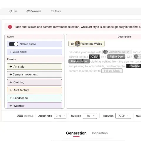APOB-AI-Arbeitsbereich Text zu Video mit Modell, Prompt-Editor, Kamerasteuerung und Ausgabeeinstellungen