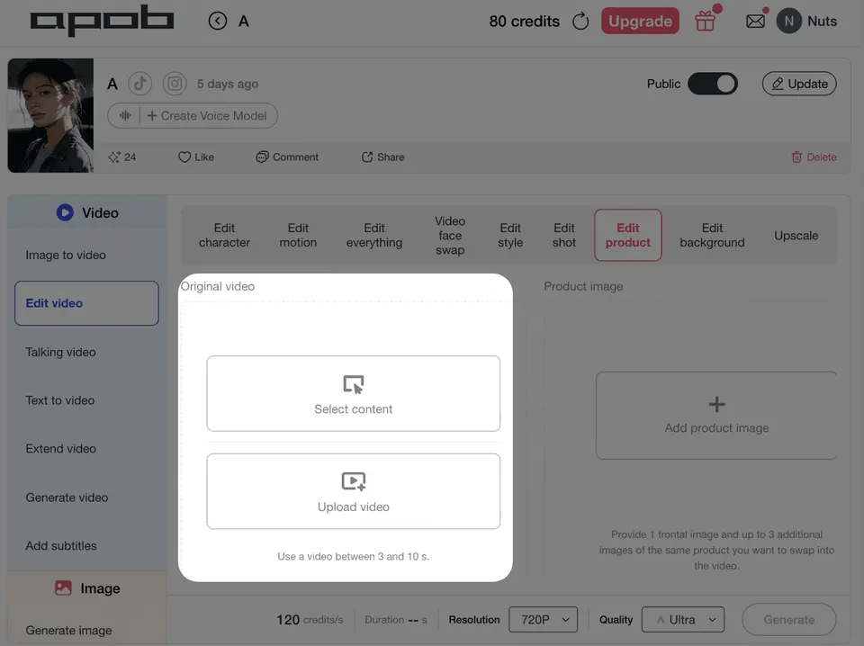 APOB AI video ad generator highlighting original video upload for turning short clips into AI product ads and UGC-style ad variations.
