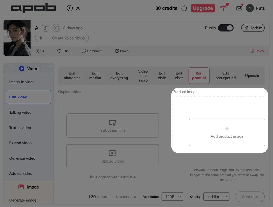 APOB AI video ad maker highlighting the Add Product Image panel for uploading product assets into short-form AI video ads and UGC-style product demos.