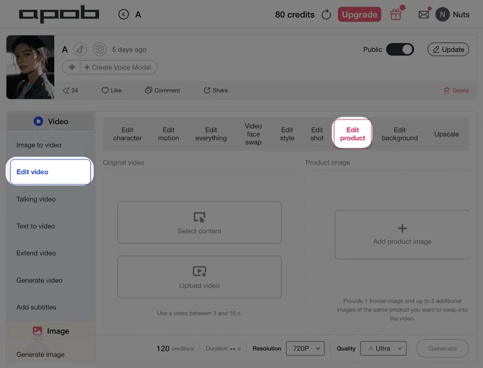 APOB AI video editor on the Edit character tab with a reference-image upload control