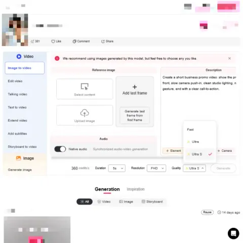 Configurações de vídeo de IA do APOB para duração, resolução e qualidade antes da geração