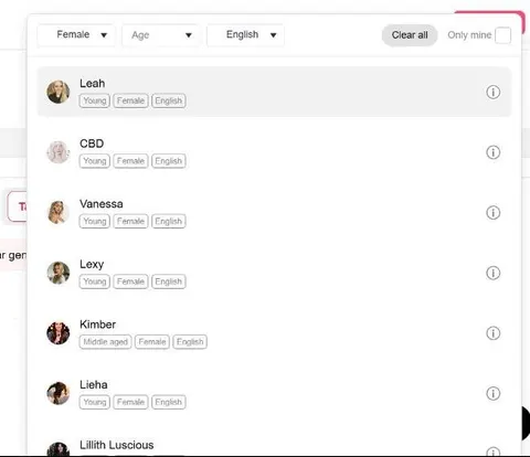 APOB AI voice model picker filtered to Female and English voices.