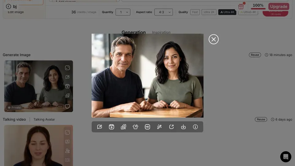 Visualização de imagem de casal APOB com Chat to edit, upscale, remix, compartilhamento, download e ações de imagem para vídeo