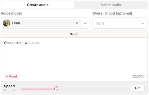 APOB Create audio showing Leah, mood None, the script One jacket, two looks, and speed 1.0×.