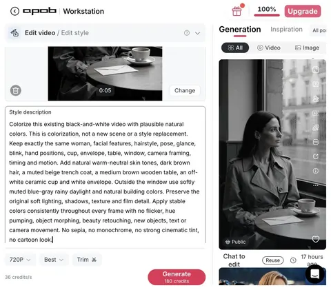 APOB Edit style prompt assigning colors to the café scene with Best and 720P selected