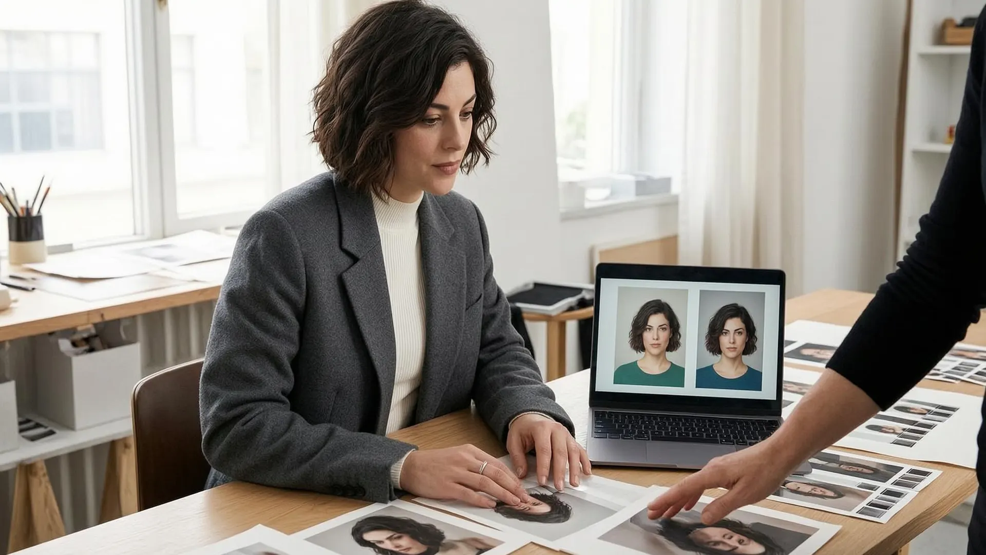 APOB-generated art director comparing two edited creator portraits at a worktable