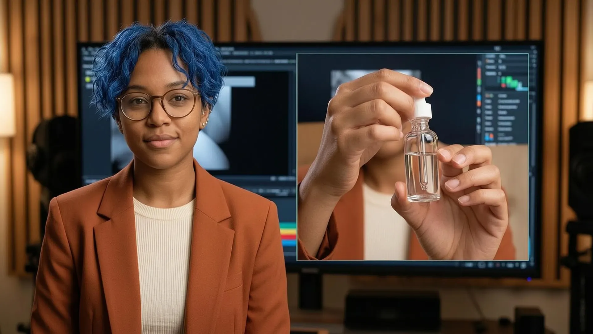 APOB-generated fictional adult creator presenting two video sources in a split-screen demonstration