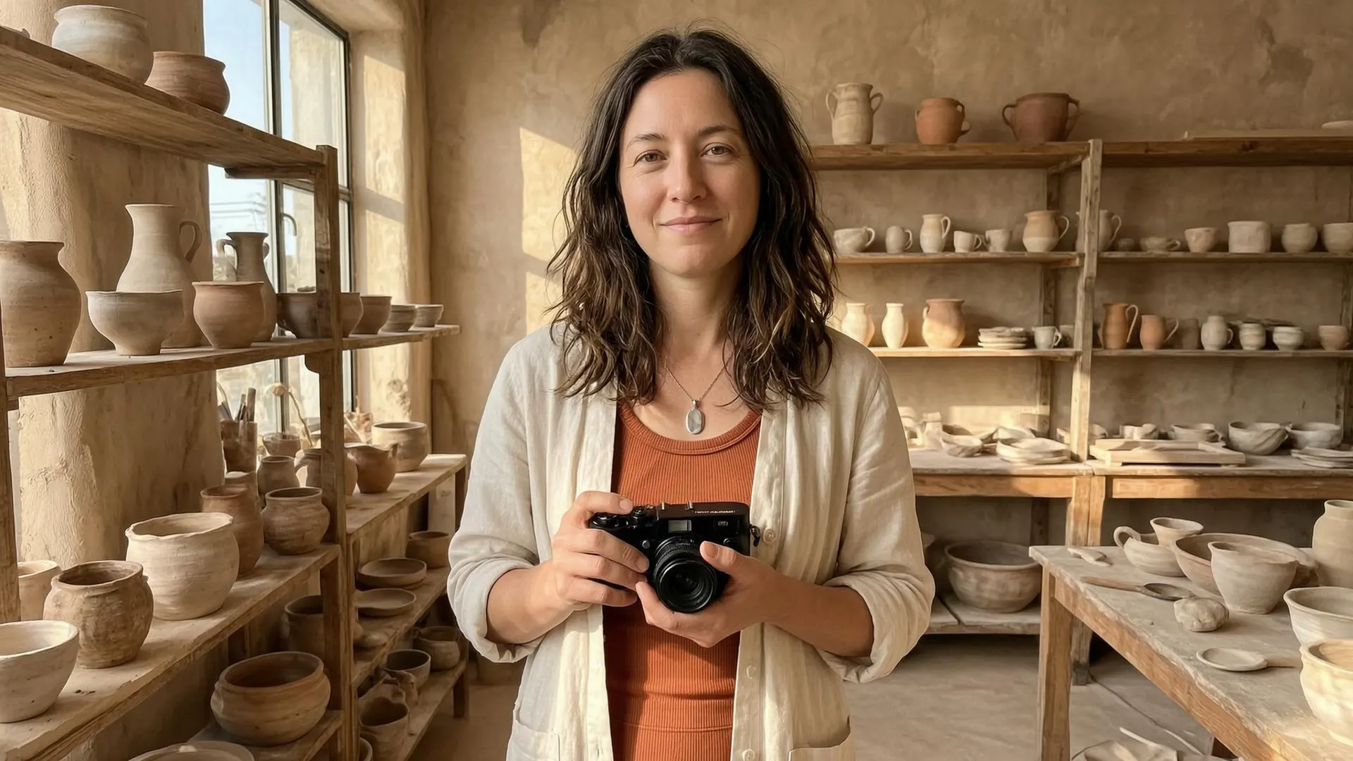 APOB-generated fictional creator centered in a wide ceramics-studio banner composition