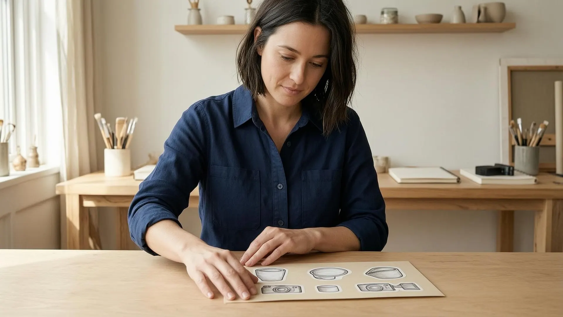 APOB-generated fictional creator examining a varied sticker sheet in a craft studio