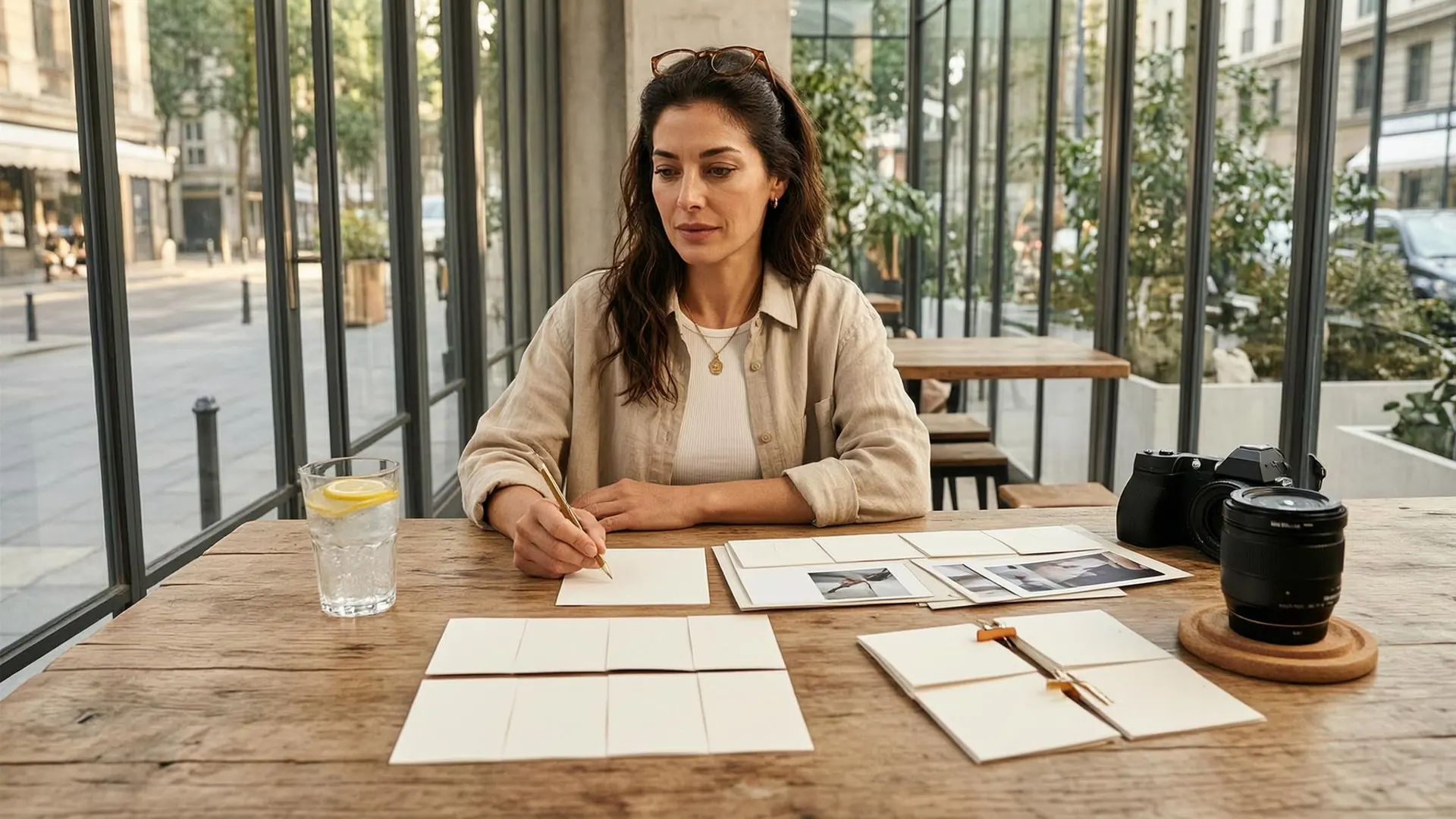 APOB-generated fictional creator planning three AI workflow routes at a café desk