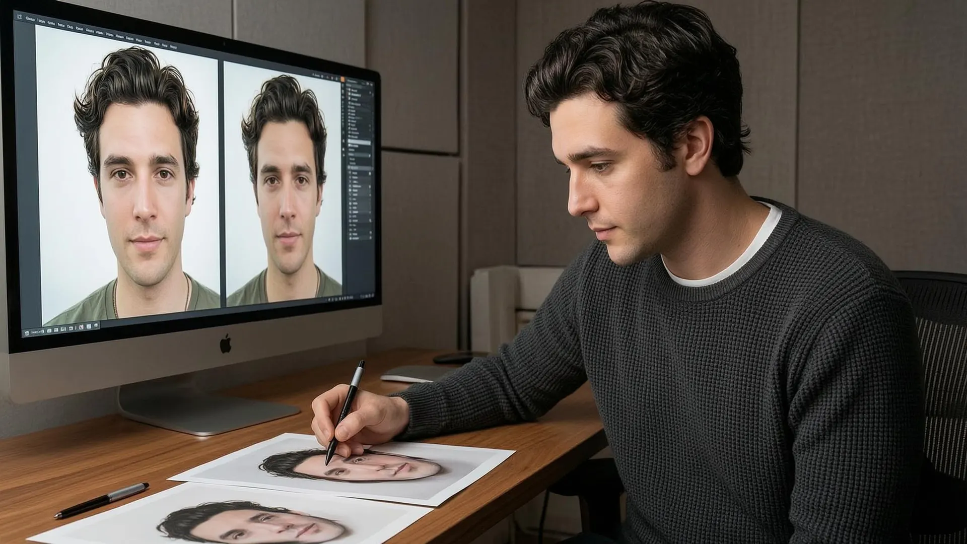 APOB-generated fictional male creator reviewing natural video-portrait retouch prints