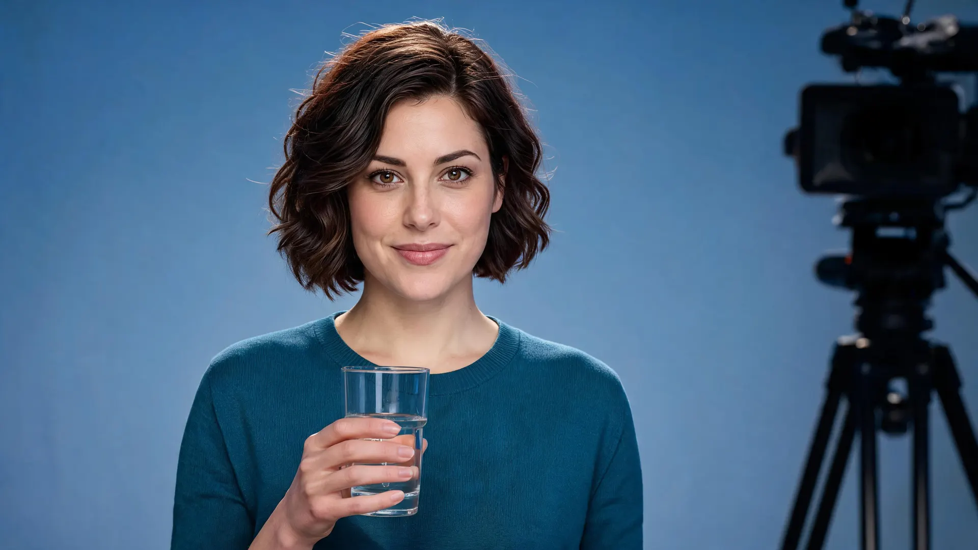 APOB-generated fictional presenter holding a clear prop against a blue studio backdrop
