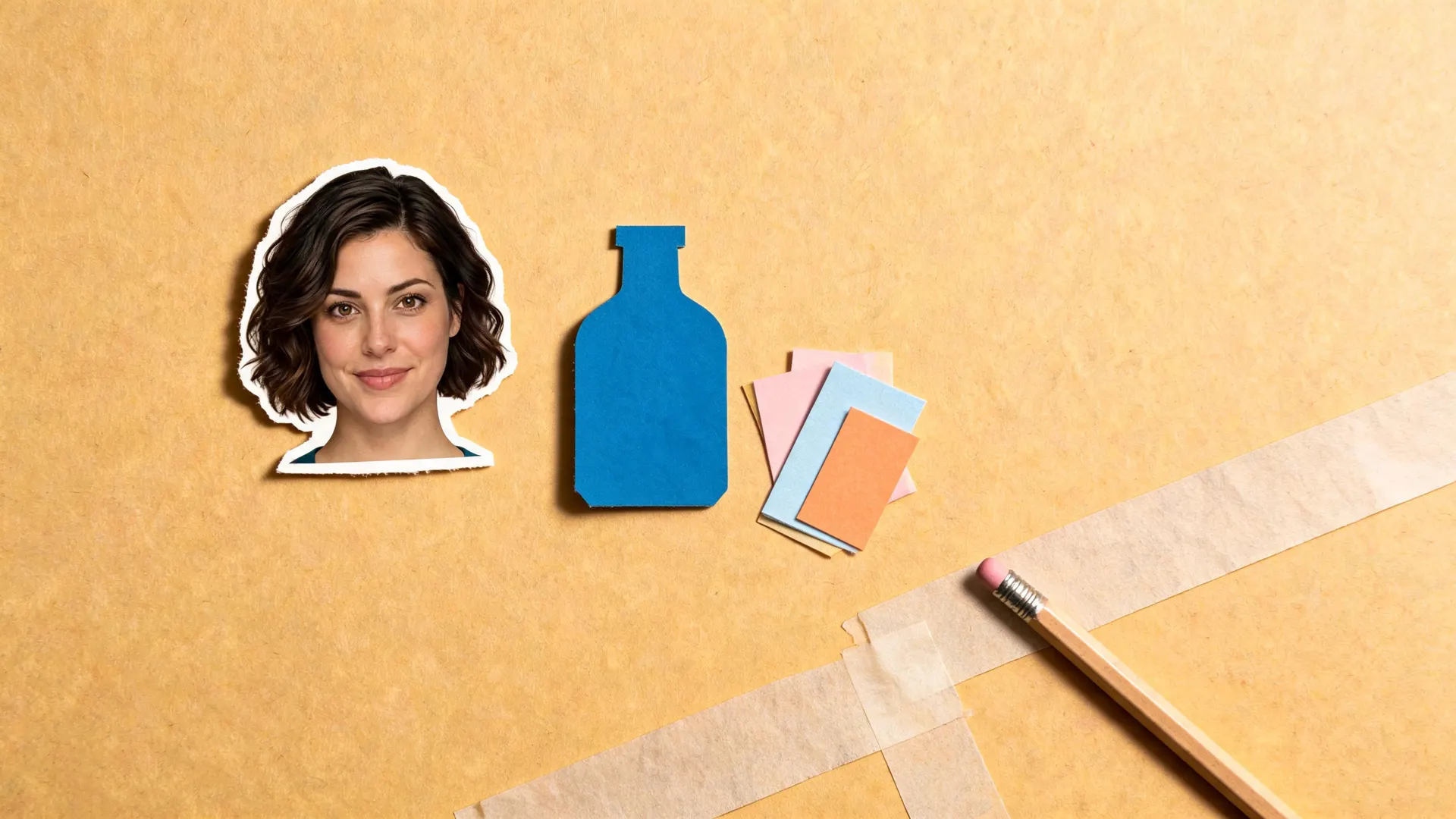 APOB-generated paper collage with a creator portrait, blue bottle, layered cutouts and pencil