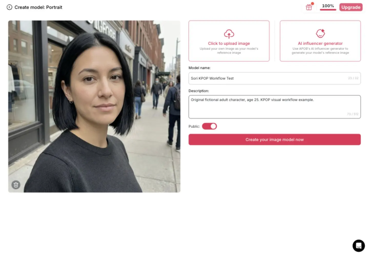 APOB portrait model creation with the Sori name, description and Public switch enabled.
