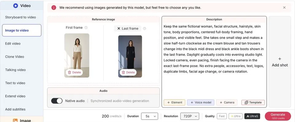 Prompt e configurações do APOB para uma troca de roupa entre o primeiro e o último quadro