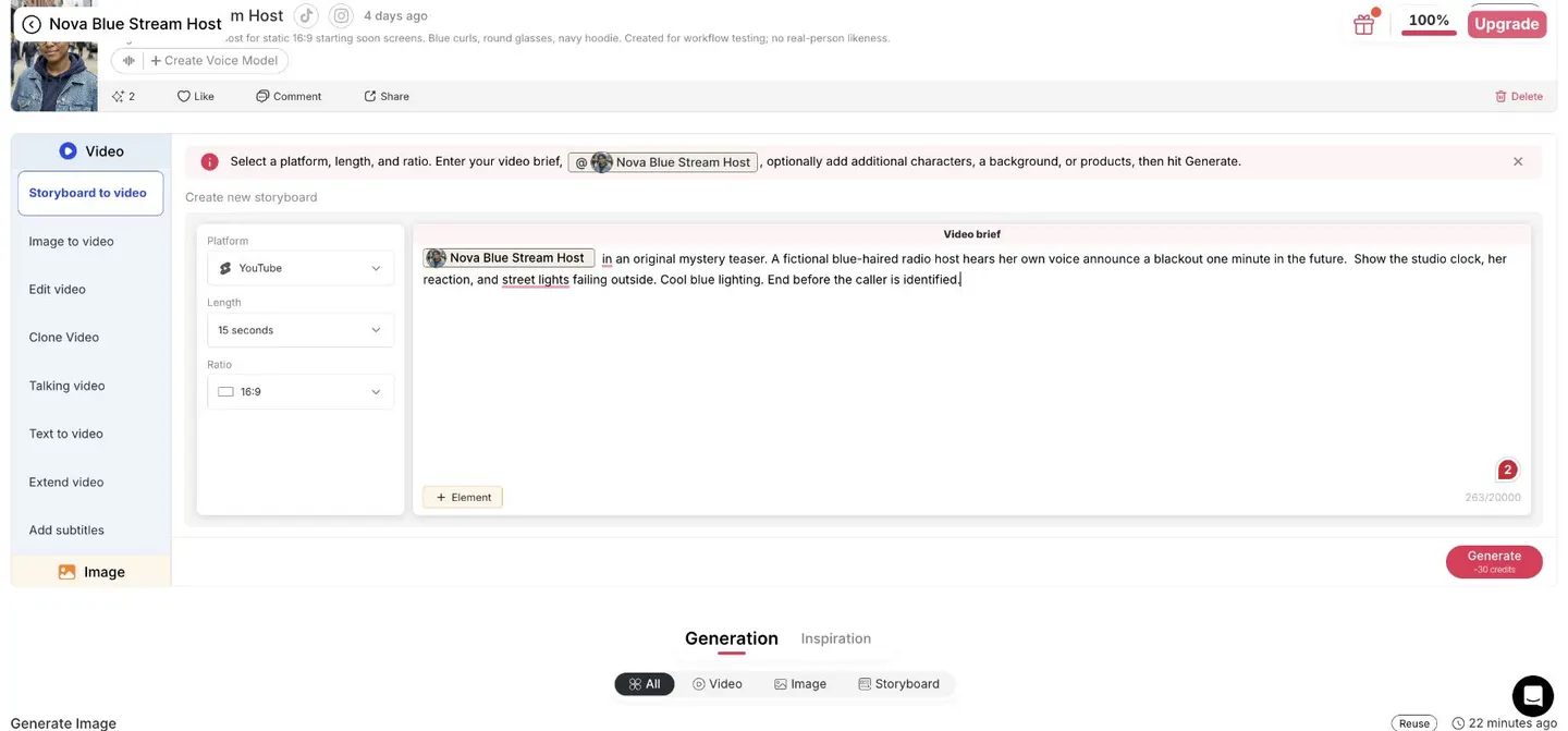 APOB Storyboard to video setup with a 15-second 16:9 mystery brief.