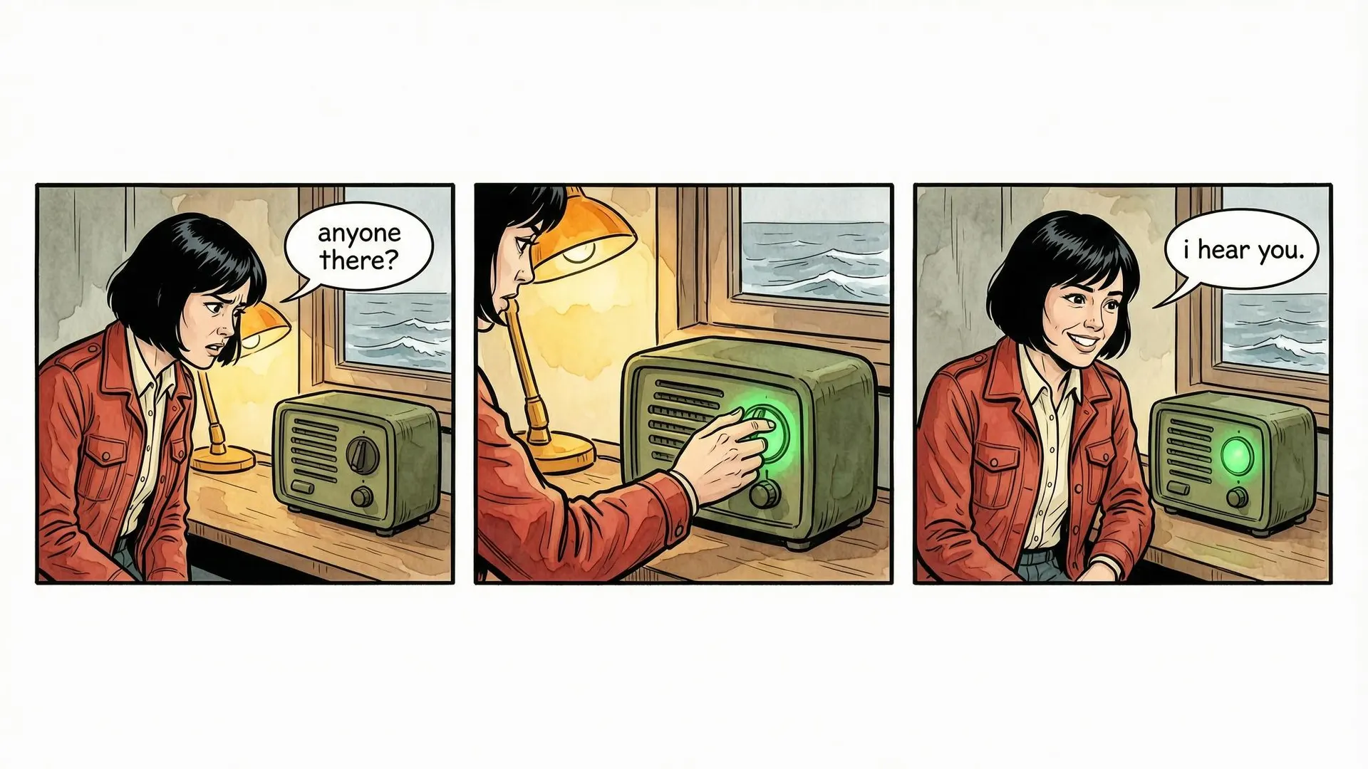 Original APOB comic: Iris calls into a radio, turns its dial and hears a reply across three panels