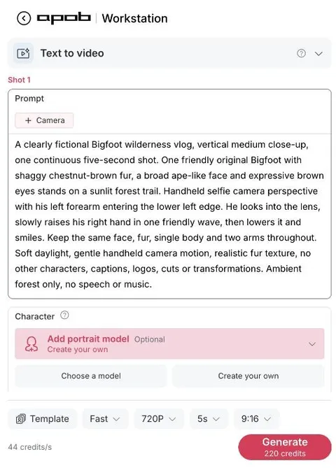 Text to video 숲길에 있는 가상의 빅풋을 정의하는 프롬프트