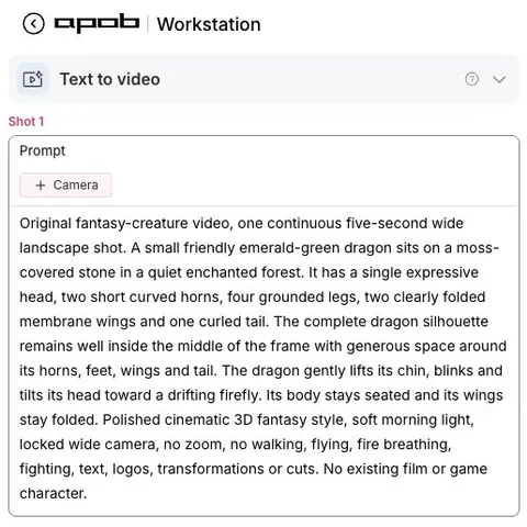 APOB Text to video 드래곤 색상, 뿔, 접힌 날개, 다리 및 꼬리를 설명하는 프롬프트